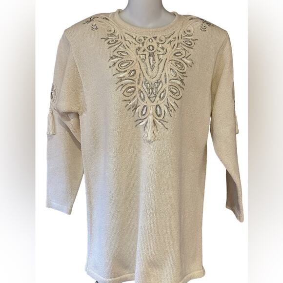 Vintage IB Diffusion Womens Medium Ivory Silk Sweater with Silver Beaded Front - Picture 1 of 8
